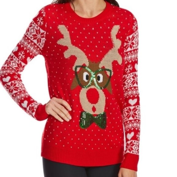 Ugly Christmas Sweater Red knit w/ Reindeer by Absolutely Famous EUC - Picture 2 of 12